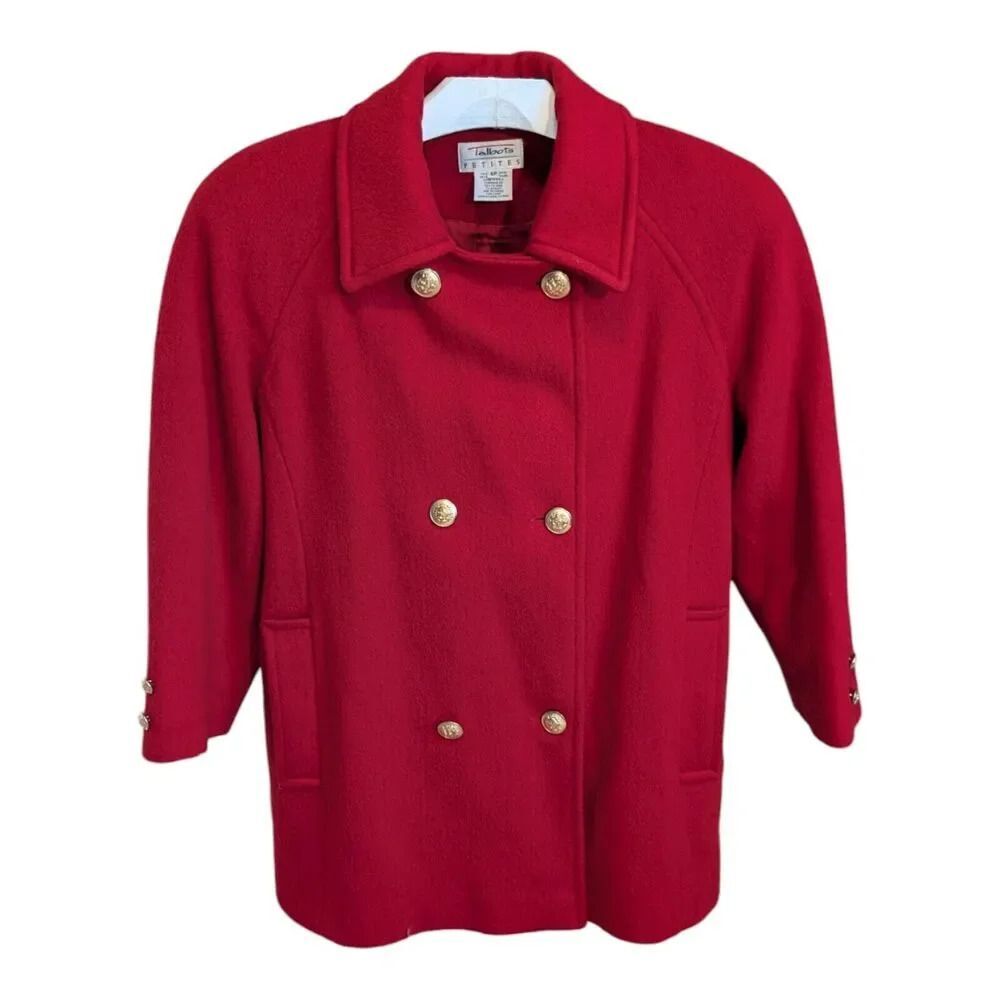 Talbots Red Wool Pea Coat Size 6P Gold Buttons Double Breasted Vintage Jacket